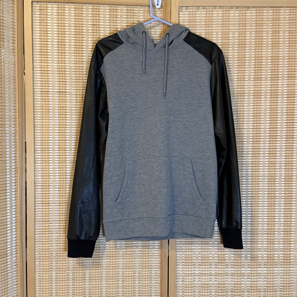21 Mens M Pullover Hoodie Faux Leather‎ Sleeves Kangaroo Pouch Streetwear Preppy